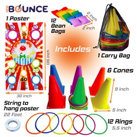New-Bounce Ring Toss Games for Kids - 4 in 1 Outdoor Carnival Games - Toss Ring Set Includes Rings, Bean Bags, Cones, and Target Poster