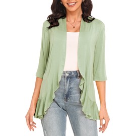 Argstar Sage Green Cardigan for Women, Open Front Casual Lightweight Soft Draped Ruffles 3/4 Sleeve XL