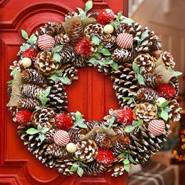 15" Decorated Red Winter Rose, Cotton & Pine Cone Artificial Winter Wreath (BM90)