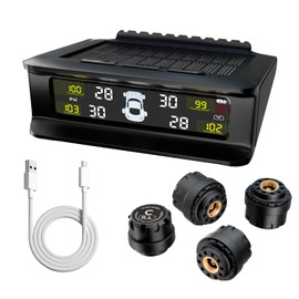 GH1200 Tire Pressure Monitoring System with 4 Sensors, Solar & USB-C Charging TPMS, 6 Safety Alarms, HD Display Tire Pressure Monitor with auto-Backlight, (0-87 Psi) Range, TPMS for Sedan & SUV