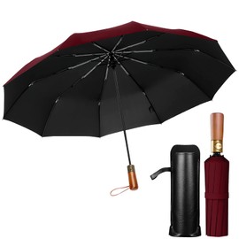 British Men's Umbrella, 10 Ribs, Natural Wood Handle (Beautiful Wood Grain), Folding Umbrella, One-Touch Automatic Opening/Closing Type, For Both Sunny and Rainy Weather, Wind Resistant Design, For