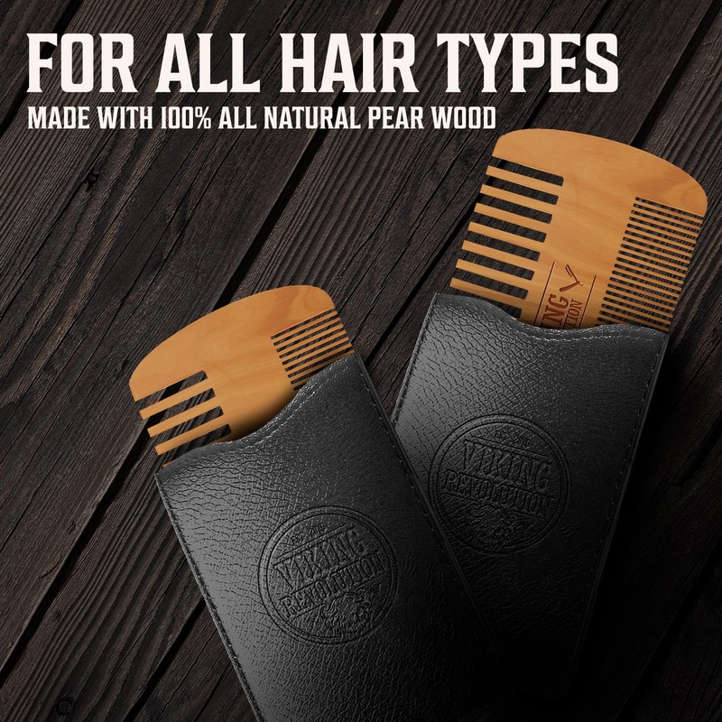 Viking Revolution Wooden Beard Comb & Case, Dual Action Fine
