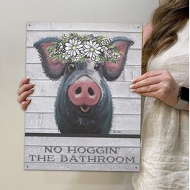 No Hoggin the Bathroom Pig Tin Sign, Metal Pig Wall Art. Pig with Glasses Wall Decor, Pig Bathroom Wall Art