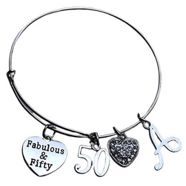 50th Birthday Bangle Bracelet with Letter Charm, 50th Birthday Gifts for Women, Fabulous and Fifty Bracelet. 50th Bday Gifts for Her