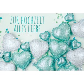 KE Wedding Card with Glitter, Card in Foil, Without Text Inside, DIN B6 Format 176 x 125 mm, Includes Envelope, Hearts Design