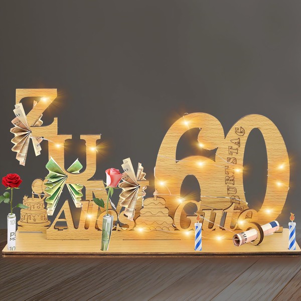 Gifts for 60th Birthday Woman Man Money Gifts Birthday 60th Happy with LED Fairy Lights Stand, Wooden 60th Birthday Decoration, Cool Gift Ideas for 60th Birthday Table Decoration