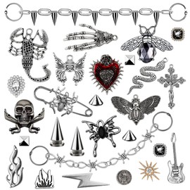 Neng-Q - Juego de 30 dijes de diamantes góticos Y2K con cadenas, accesorios de púas para hombres y mujeres, aleación, Circonita cúbica