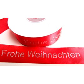 CaPiSo 25 m Christmas Ribbon, 25 mm, Satin Ribbon, Gift Ribbon, Decorative Ribbon, Advent Christmas with Font Merry Christmas (Font Red)