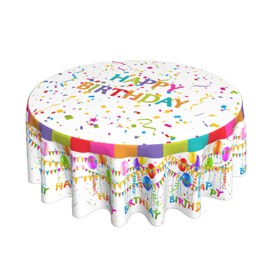 Happy Birthday Tablecloth Round 70x70 Inch Colorful Balloons Decor Table Cloth,Stain Resistance Coloured Flag Ribbon Decorative Table Covers for Kitchen Dining,Small Tablecloth for Party Picnic