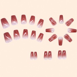 Ombre Press on Nails Coffin Short Fake Nails with Pearl Glitter Design Glue on Nails Cute Red Gradient False Nails Glossy Artificial Stick on Nails for Women Girls 24Pcs