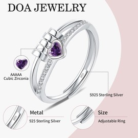 Birthstone Jewellery for Women, Adjustable February Birthstone Cubic Zirconia Ring, Sterling Silver Plated Fidget Gifts, Purple Anxiety Heart Rings for Daughter Birthday Christmas