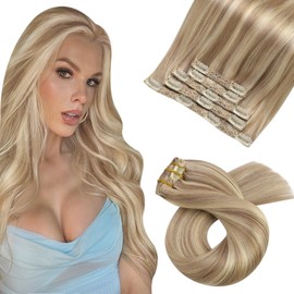 Moresoo Clip in Hair Extensions Natural Hair Honey Blonde with Medium Blonde Hair Extensions Straight 22 Inch 7pcs/120g #16/22