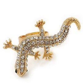 Avalaya Sculptured Crystal Gecko Ring/Gold Plated/Adjustable/Size 7/8/ 4.5cm Length