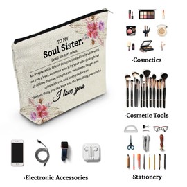 YULUENZE Soul Sister Definition Inspirational Presents Canvas Makeup Bag Positive Quote Toiletry Pouch with Zipper Friendship Birthday Present for Women Sisters Friends Soul Sisters