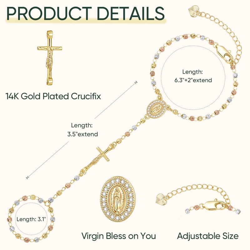 Rosary Hand Chain Bracelet for Women, Gold Virgin Mary Ring