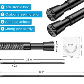 MEXAU 1Pack Spring Tension Curtain Rod 26-39 inch Black Adjustable Spring Rod Extendable Tension Rod For Kitchen, Bathroom, Window, Bookshelf, Closet