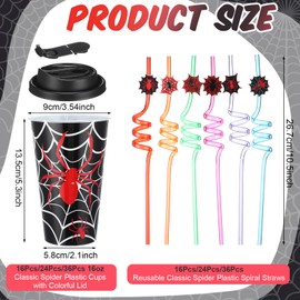 Yungyan 24 Sets Spider Party Favors Goodie Cups with Lids and Straws for Birthday Decorations Reusable 16oz Plastic Candy Cups Plastic Straws for Birthday Party (Spider)