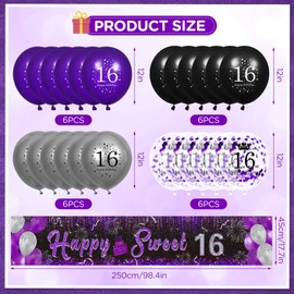 Purple 16th Birthday Decorations for Girls Black Purple Silver Happy Sweet 16 Birthday Yard Banner and 24pcs 70th Birthday Balloons for 16th Birthday Anniversary Party Supplies Indoor Outdoor Decor