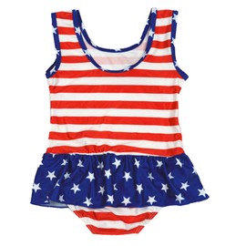 July 4th Baby Girl Ruffled Single Piece American Flag Printed Bow Beach Swimwear Swimsuit Rash Guard (Red, 4T)