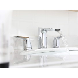 EZANDA 2-Handle Widespread Waterfall Bathroom Lavatory Faucet with Pop-up Sink Drain Assembly & Faucet Supply Lines, Chrome, 1431201