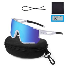 XWUX Sports Glasses Quick Glasses Men Women UV400 Polarised Cycling Glasses HD View Non-Slip Cycling Glasses Road Bike Glasses for MTB Road Bike Cycling Running Golf Ski Rave (Blue/White)