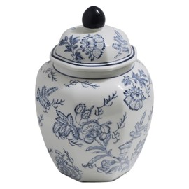 Aimusego 11.6" Ceramic Temple Decorative Jar Blue and White Chinoiserie Design Porcelain Ginger Jar Vase with Lid Contemporary Glam for Indoor or Outdoor Home, Office Decor