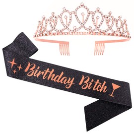 ADBetty Birthday Sash & Rhinestone Tiara Kit - Black Glitter Birthday Sash Birthday Gifts for Women Birthday Party Supplies (Black/Rose Gold)
