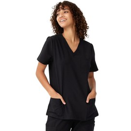 floralhue Scrubs for Women, Soft V-Neck Scrub Tops, Stretchy Medical Uniform with 5 Pockets, Breathable & Easy Care, Black, L