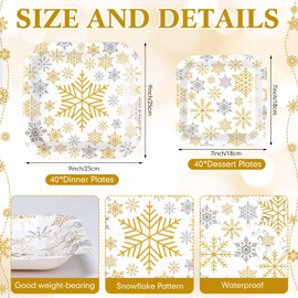 Shellwei 80 Pcs Christmas Snowflake Paper Plates Including 9 Inch Dinner Party Plates 7 Inch Dessert Plates Disposable Square Paper Plates for Winter Party Christmas Party Decoration(Gold)