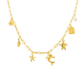 Gold Charm Necklace for Women 18K Gold Shell sea turtle Starfish Necklace White Pearl Choker Necklace Boho butterfly Charm Necklace Summer Beach Jewelry for Women Gift (Gold-A)