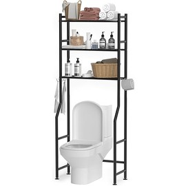 3-Tier Over The Toilet Storage, Space Saver Metal Bathroom Shelves, Freestanding Above Over Toilet Storage Shelf with 4 Hooks for Bathroom, Black