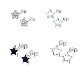 Hinvan 4 Pairs 925 Sterling Silver Earrings Star Stud Earrings Silver Earrings Stars Zirconia Small Cartilage Earrings Silver Stud Earrings Black Small Earrings for Women Girls