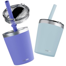 CUPKIN Baby Sippy Cups for Toddlers, The Original 8 oz Stackable Stainless Steel Baby Cup, Set of 2 Powder Coated Insulated Sippy Cup & BPA Free Lids + Reusable Silicone Straws (Aqua + Periwinkle)