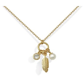 Turmalina by martina Tourmaline Necklace 925 Sterling Silver Gold Tone Feather and Pearl Pendant Necklace 38cm+5cm Extender 38+5 Silver Pearl, Silver, Pearl