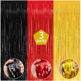 WIQEDOHA 3 Pack Foil Curtains-8x9.84 Ft Red Gold and Black Fringe Metallic Backdrop Curtain for Mouse Themed Baby Shower Birthday Nursery Party Decorations