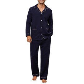 U2SKIIN Mens Pajama Set Soft Warm Long Sleeve Quilted Fabric Cotton Cozy Sleepwear Button-Down Pjs(NAVY, XL)