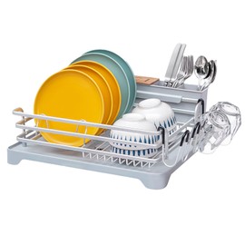 BRIAN & DANY Aluminum Dish Drying Rack, Dish Racks for Kitchen Counter, Dish Drainer with Removable Cutlery Holder & Cup Holder, 16.5" L x 11.8" W, Light Grey