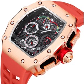 Gosasa Mens Unique Punk Bling Iced Out Dress Watches Tonneau Rectangle Watches for Men Waterproof Analog Chronograph Sports Work Mens Wrist Watch Luminous Silicone Band (Rosegold Red)