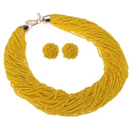 Fashion Multilayer Beads Chain Choker Collar Necklace Earrings Set Cluster Strand Handmade Yellow