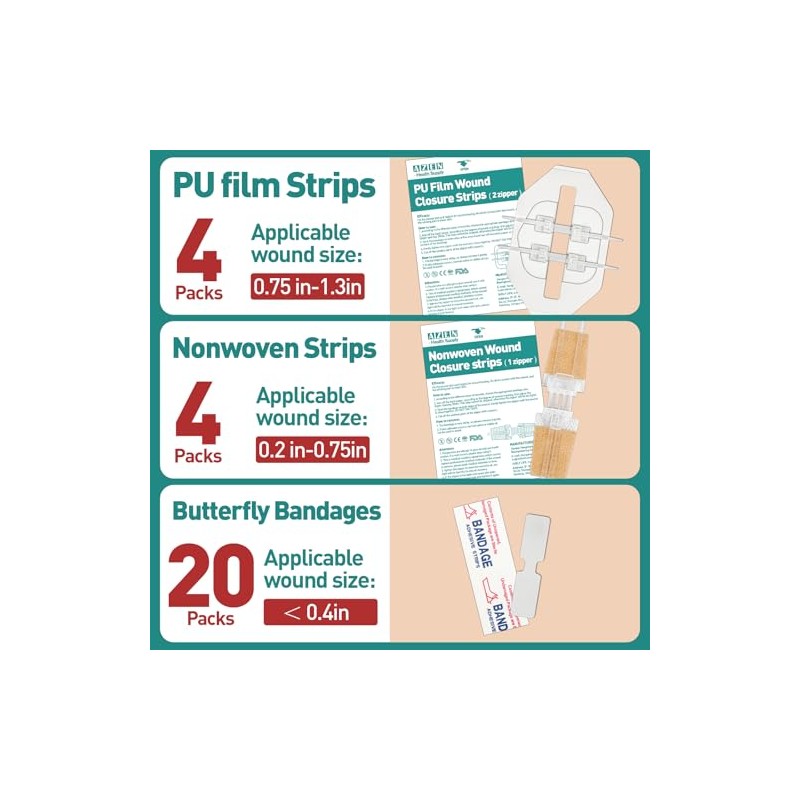 AZEN 28 Pack Wound Closure Strips, 3 Types Butterfly Bandages,