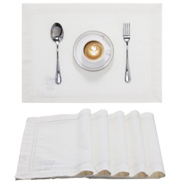 JEMIDI Set of 6 Place Mats with Hemstitch - 6 Cotton Placemats - 6 x Place Mats Made of Linen Look Fabric - Table Sets Placemats - White