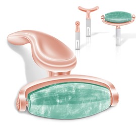 Jade Facial Roller, Jade Face Massage Roller Skincare Beauty Tool with 3 Interchangeable Heads, Women Facial Massager Reduce Puffiness and Fade Fine Lines (Green Roller+Rose Gold Handle)