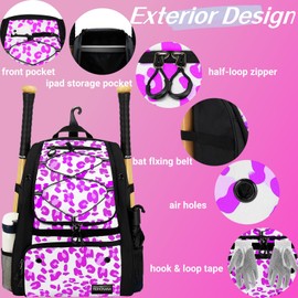 Baseball Bag, Bat Backpack for Baseball Softball Equipment Gear Bat Glove Holder Capacity for Helmet Accessories, Separate Shoes Compartment, Fence Hook Gift for Adults Men Women Pink Leopard