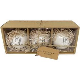 Rae Dunn by Magenta Set of 3 Believe Wish Hope Ceramic LL Round Bulb Christmas Tree Ornaments