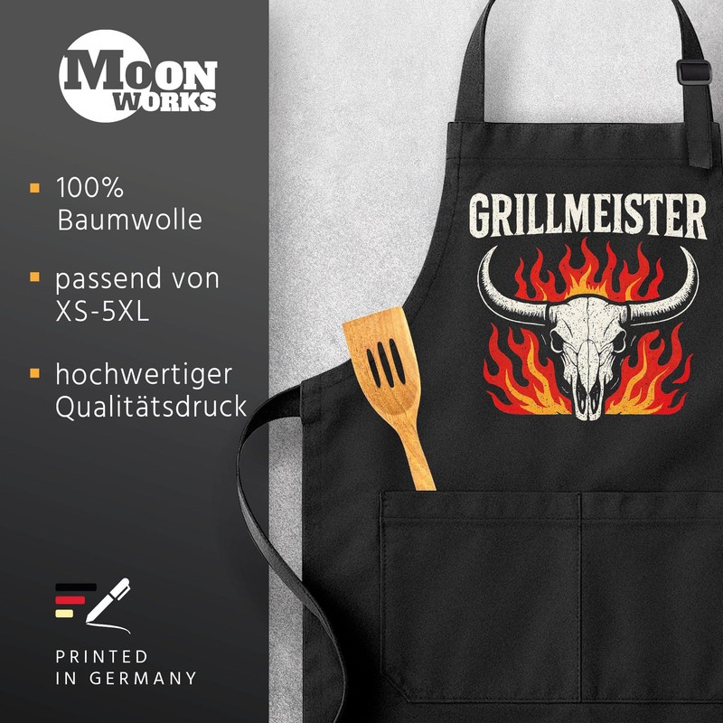 MoonWorksGrillschürze für Männer Grillmeister Flammen Bullenschädel Geschenkidee Kochschürze Herren für