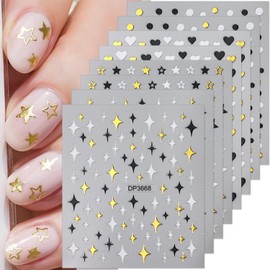 LRKNNO Gold Star Nail Art Stickers 8 Sheets Round Heart Stars Nails Self-Adhesive Pegatinas Uñas 3D Gold Nail Decals Gel Nail Art Design Supplies DIY Nail Stickers for Women Manicure Decorations