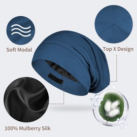 OLESILK Silk & Cotton Jersey Hat Lightweight and Soft Slouch Beanie Reversible Hat Knitted Hat Unisex Adjustable for Men and Women, Black (black-long)