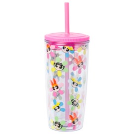 Silver Buffalo The Powerpuff Girls Floral Pattern 20oz Spill Resistant Plastic Tumbler