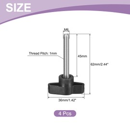 QUARKZMAN Pack of 4 T-wing Screws with Handles Thumb Screws, M6 x 45 mm Male Screw Knob 304 Stainless Steel Thumb Screw Handle 36 mm Diameter, Black