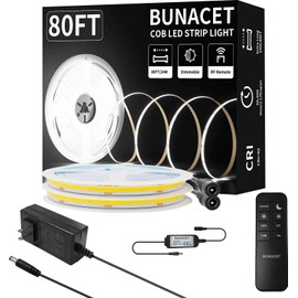 BUNACET 80FT/24m COB LED Strip Light (2 Rolls of 40ft) Warm White Dimmable 6500K High Lumen CRI 90+ with 24V Power Adapter RF Remote LED Lights for Bedroom Counter Under Cabinet Kitchen Projects